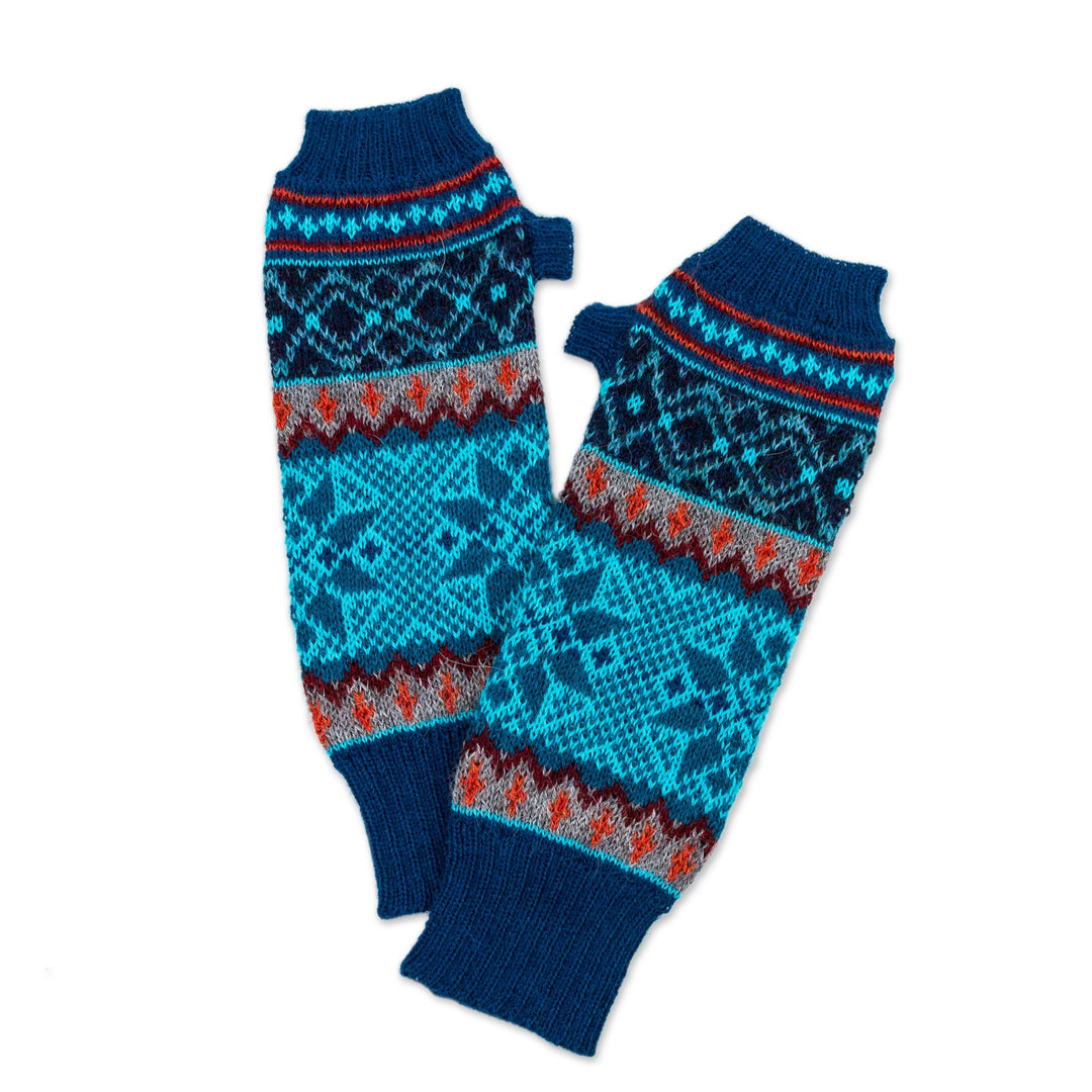 100% Alpaca Fingerless Gloves in Azure and Smoke from Peru - Andean Snowfall
