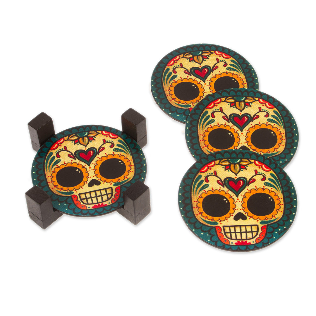 4 Day of the Dead Smiling Skulls Decoupage Wood Coaster Set - Loving Skull