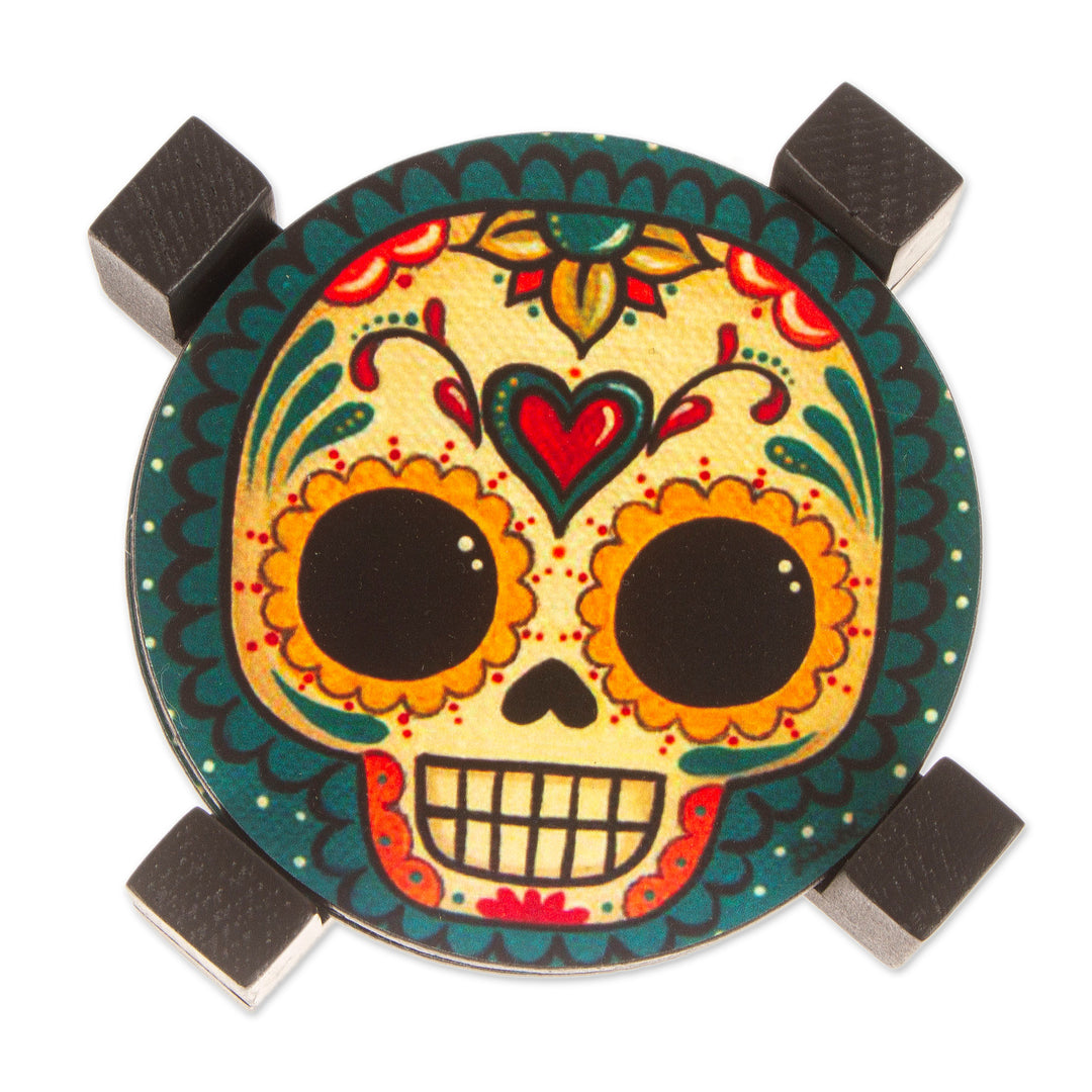 4 Day of the Dead Smiling Skulls Decoupage Wood Coaster Set - Loving Skull