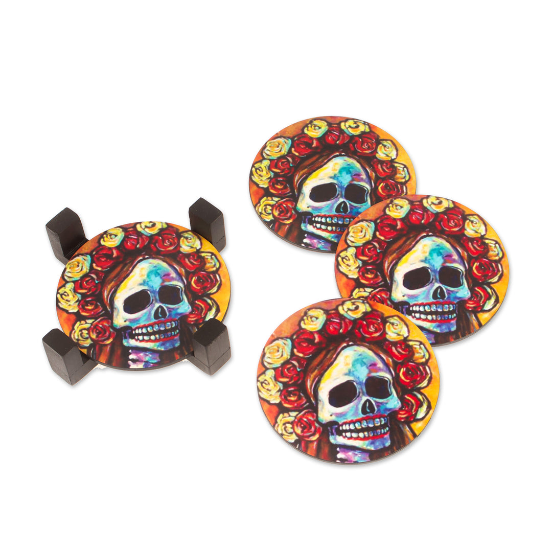 Pinewood Coasters with Base Skull (Set of 4) from Mexico - Skeleton Bride