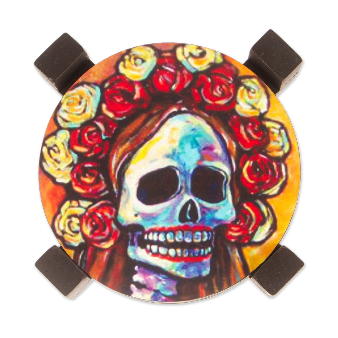 Pinewood Coasters with Base Skull (Set of 4) from Mexico - Skeleton Bride