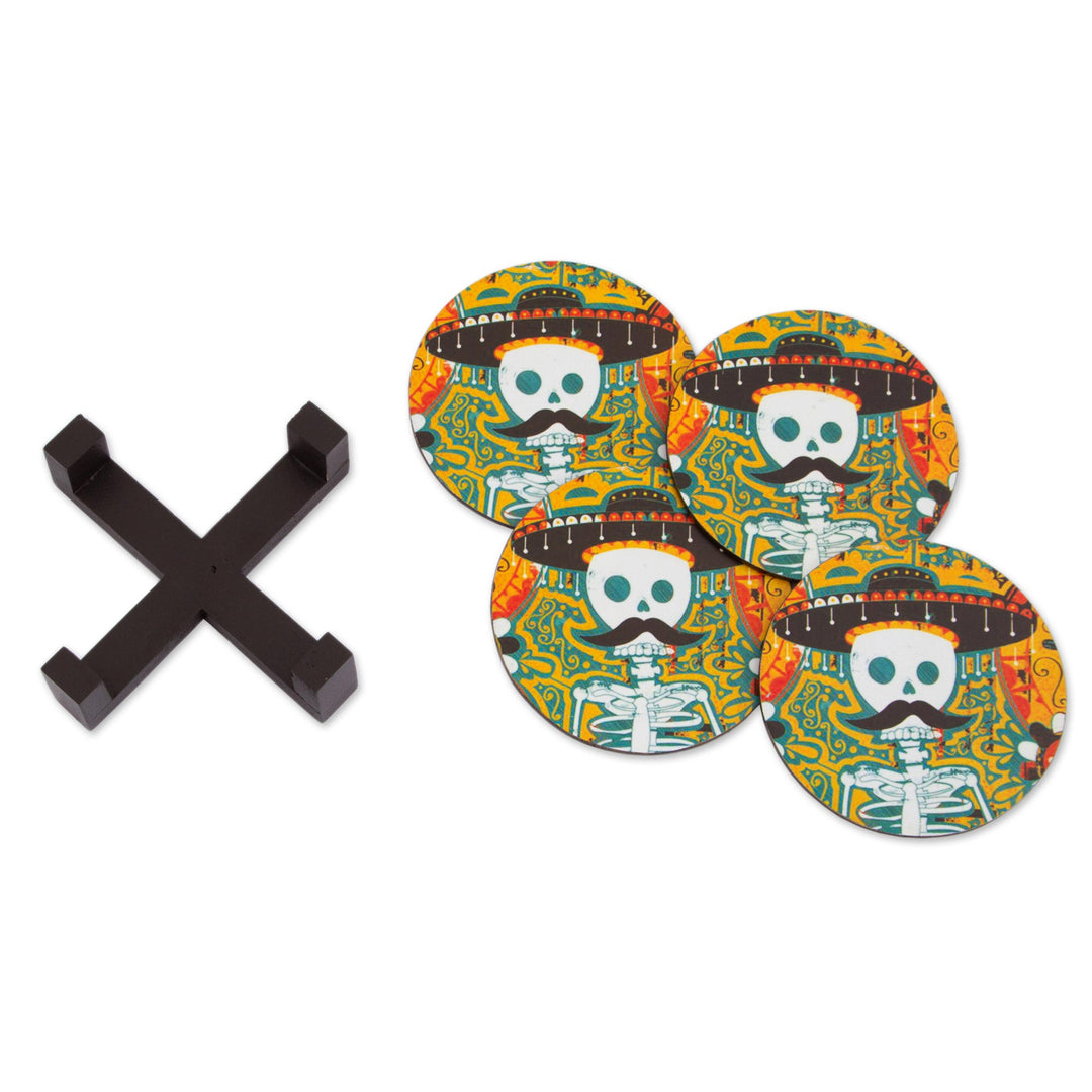 Day of the Dead Decoupage Pinewood Coasters from Mexico - Mustachioed Skull