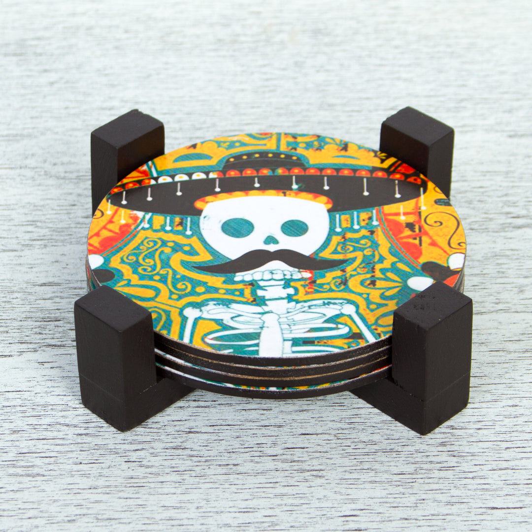 Day of the Dead Decoupage Pinewood Coasters from Mexico - Mustachioed Skull