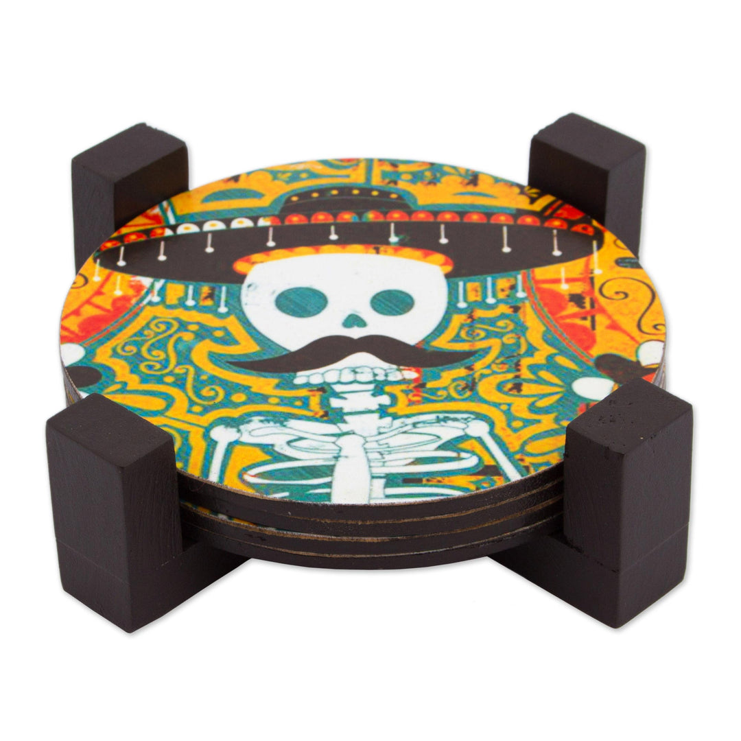 Day of the Dead Decoupage Pinewood Coasters from Mexico - Mustachioed Skull