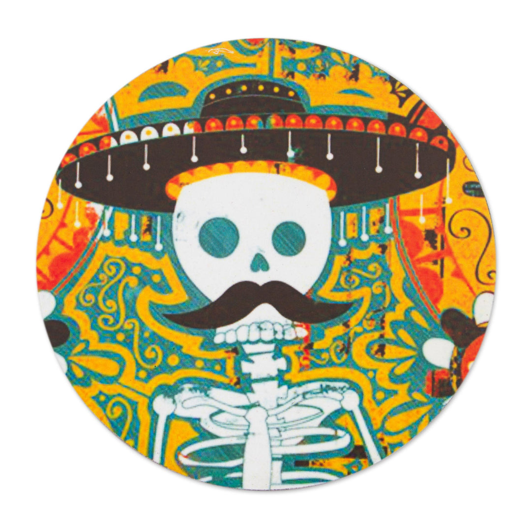 Day of the Dead Decoupage Pinewood Coasters from Mexico - Mustachioed Skull
