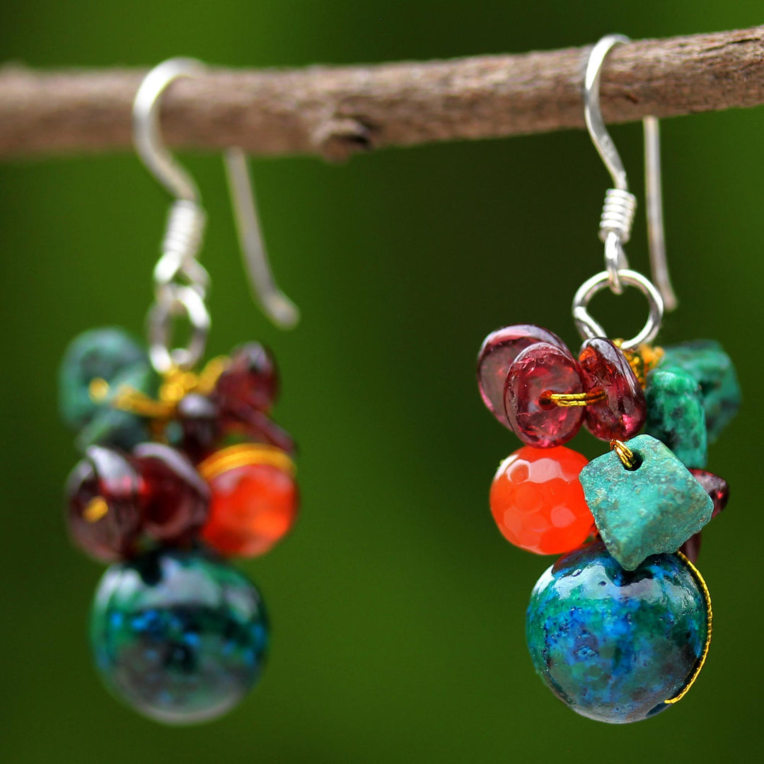 Beaded Dangle Earrings with Garnet and Carnelian - Tropical Oasis