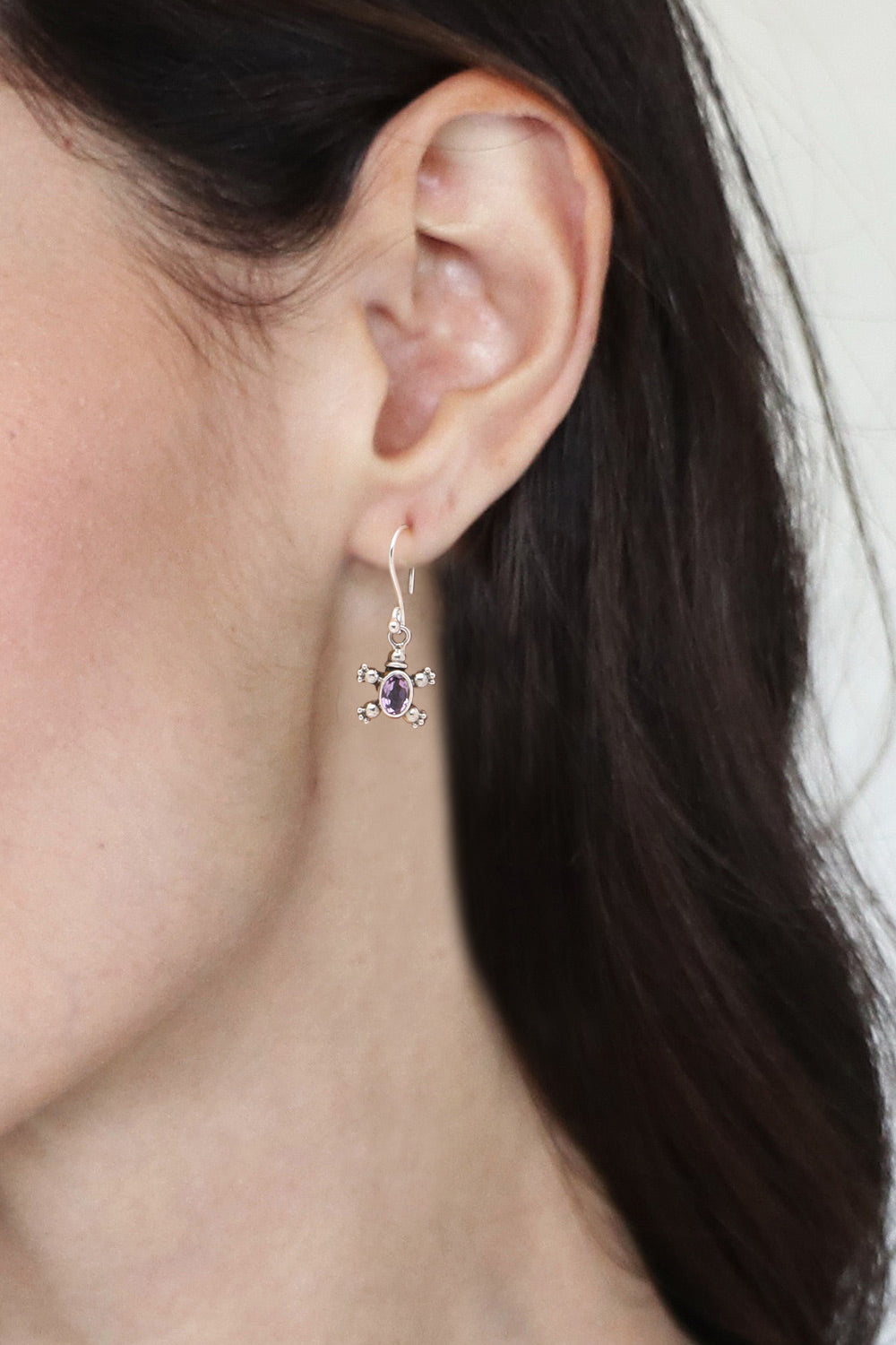 Sterling Silver & Amethyst Petite Turtle Earrings From Bali - Walking Tortoise