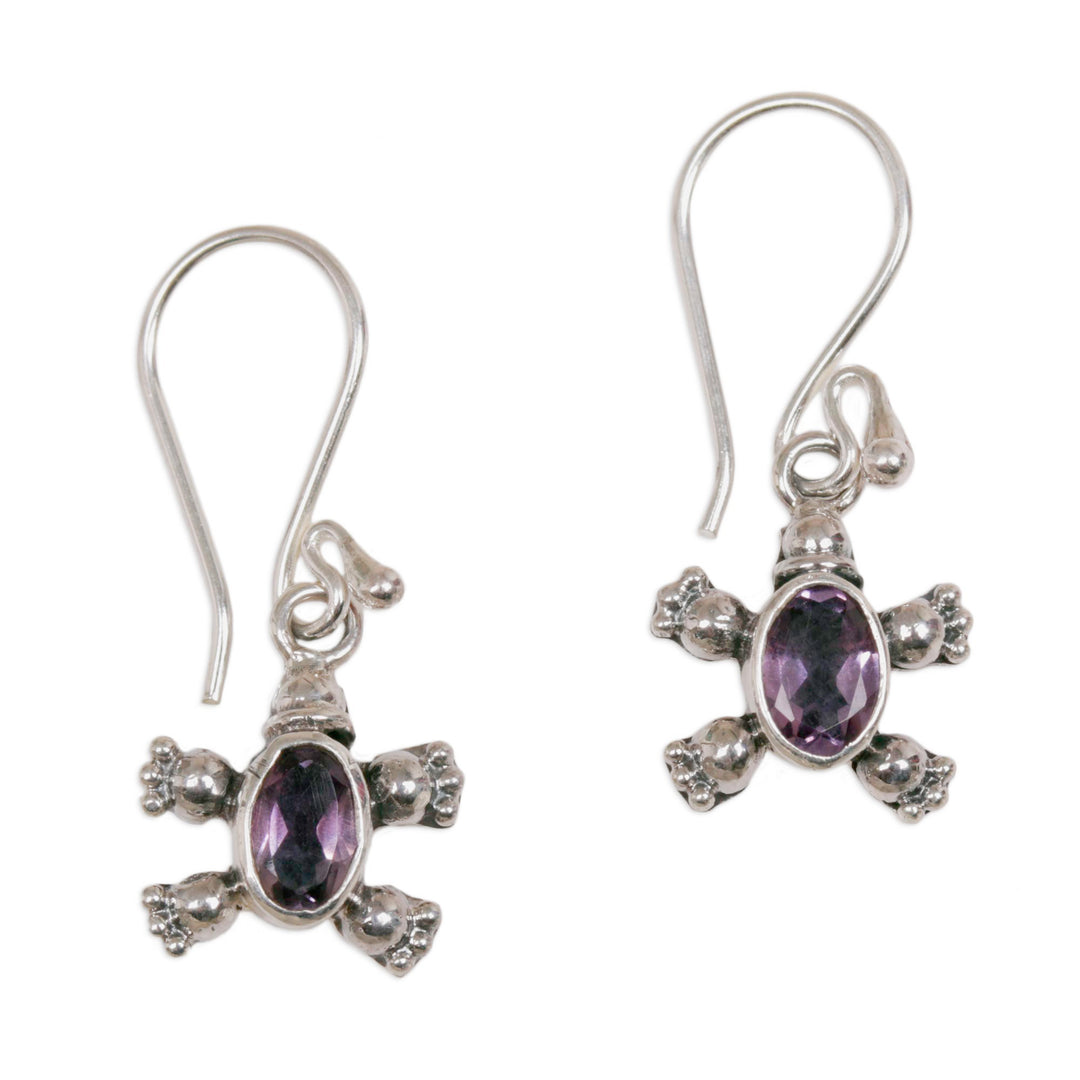 Sterling Silver & Amethyst Petite Turtle Earrings From Bali - Walking Tortoise