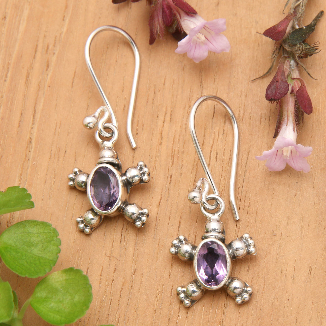 Sterling Silver & Amethyst Petite Turtle Earrings From Bali - Walking Tortoise