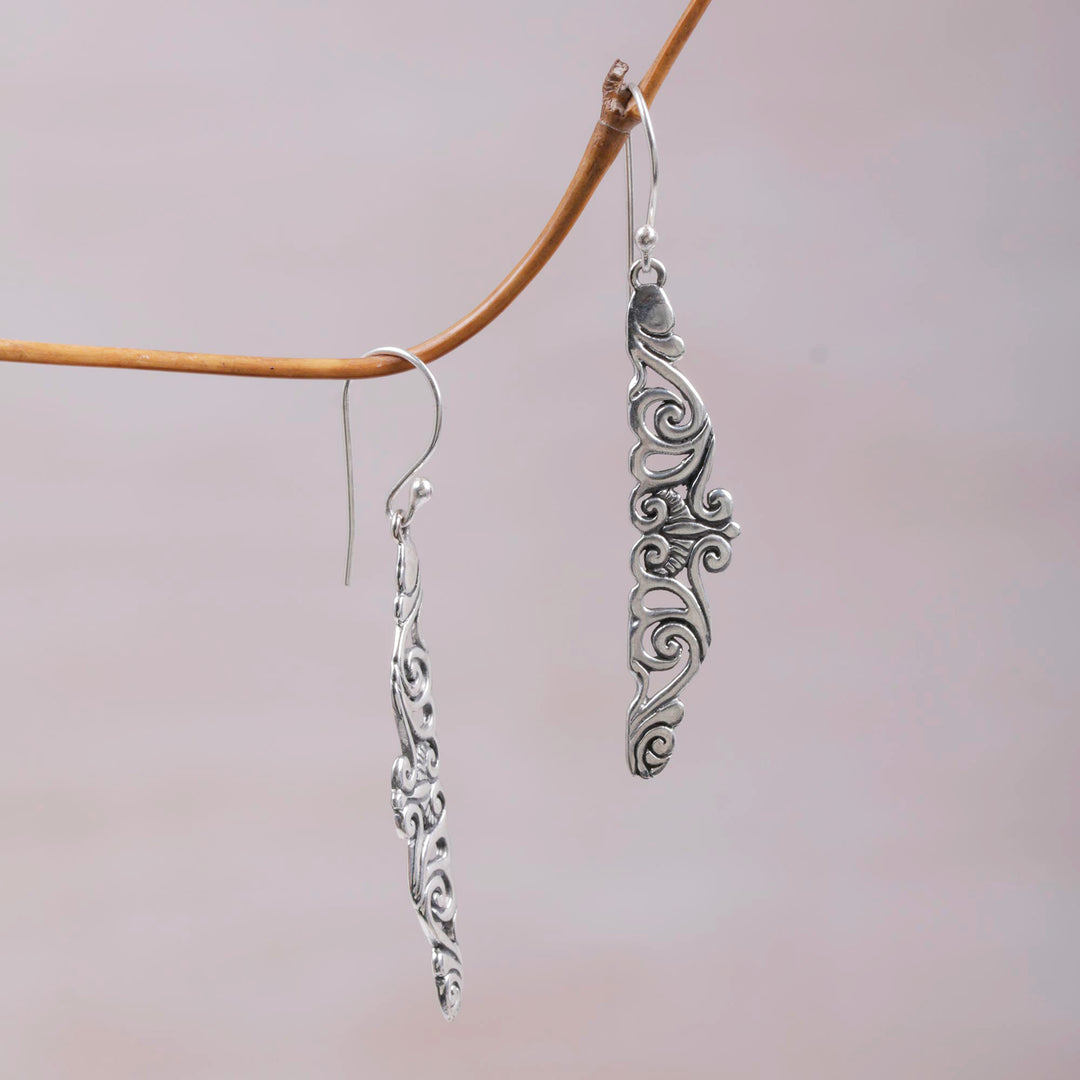 Hand-Crafted Sterling Silver Dangle Earrings from Bali - Floral Tie