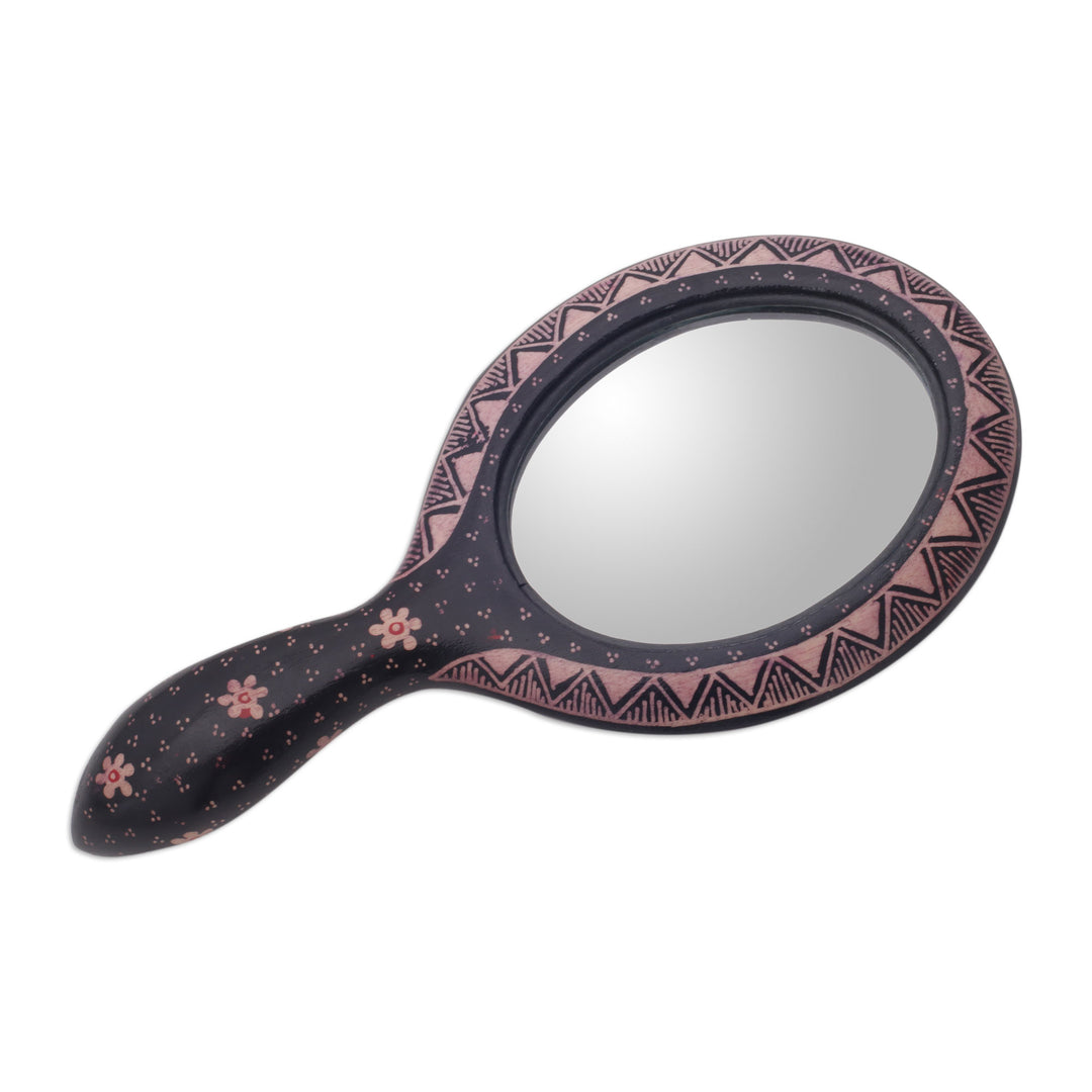 Handheld Batik Wood Mirror with Coffee Motif from Java - Exotic Beauty
