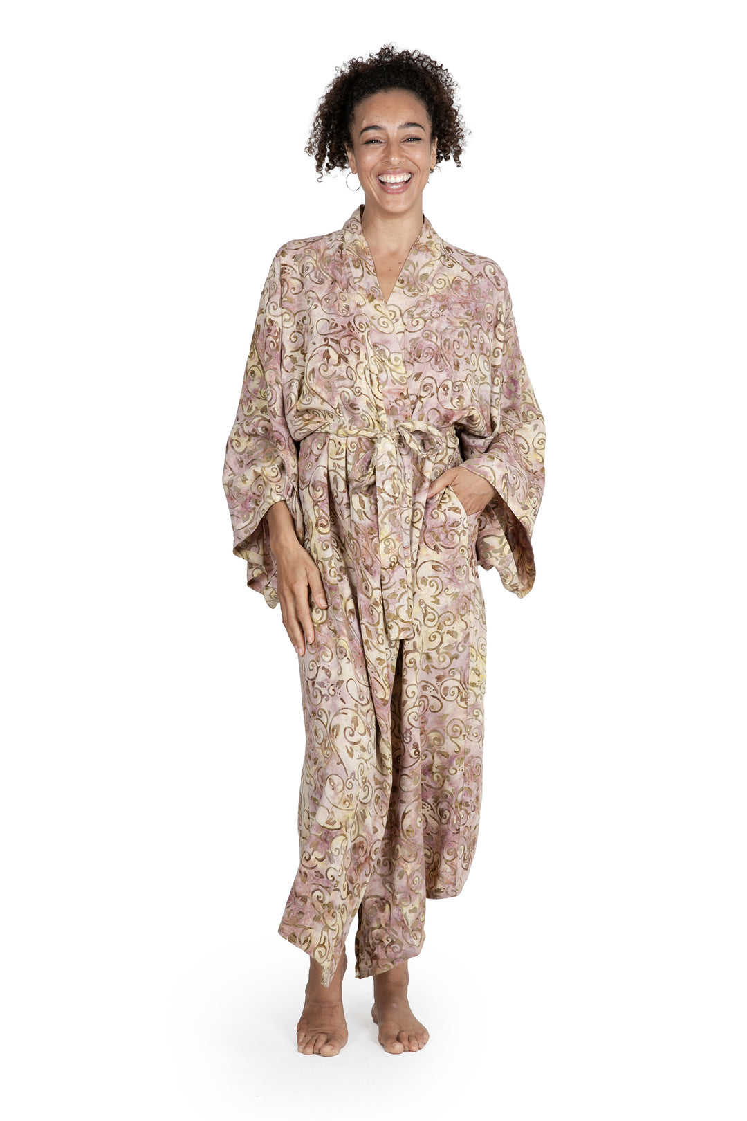 Rayon Robe Olive Floral Batik Print from Indonesia - Grand Floral