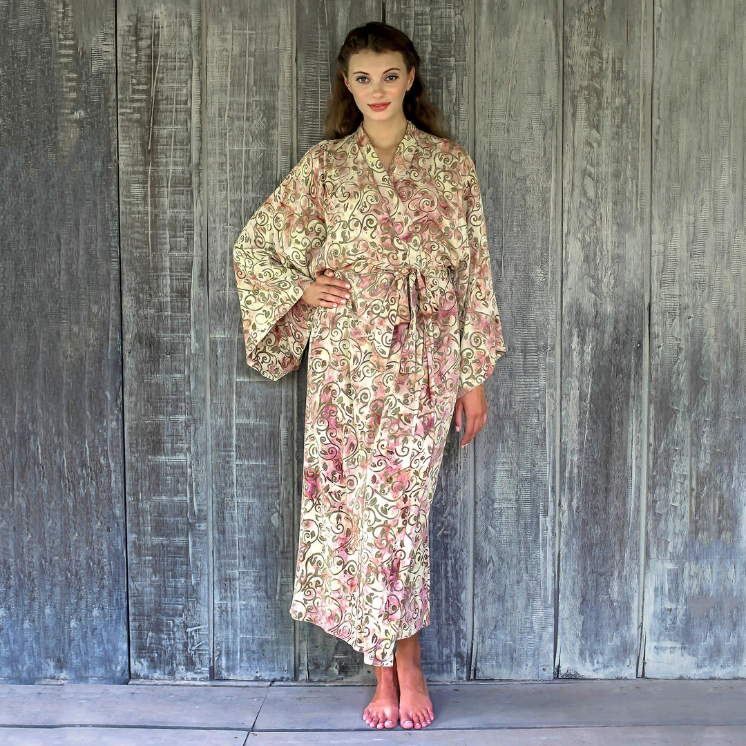 Rayon Robe Olive Floral Batik Print from Indonesia - Grand Floral