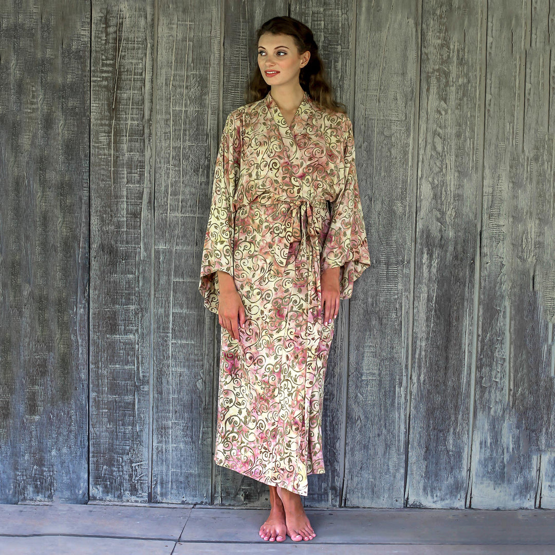Rayon Robe Olive Floral Batik Print from Indonesia - Grand Floral
