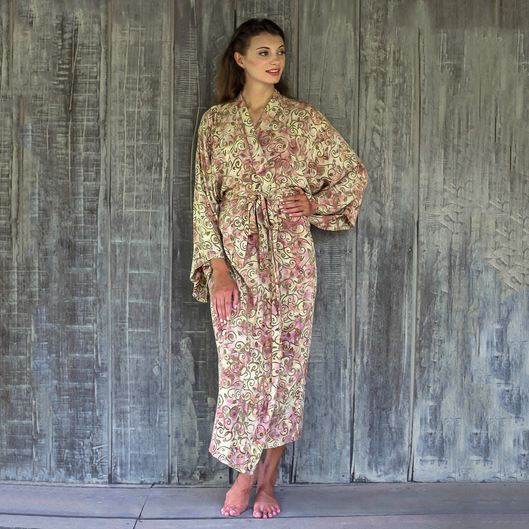 Rayon Robe Olive Floral Batik Print from Indonesia - Grand Floral