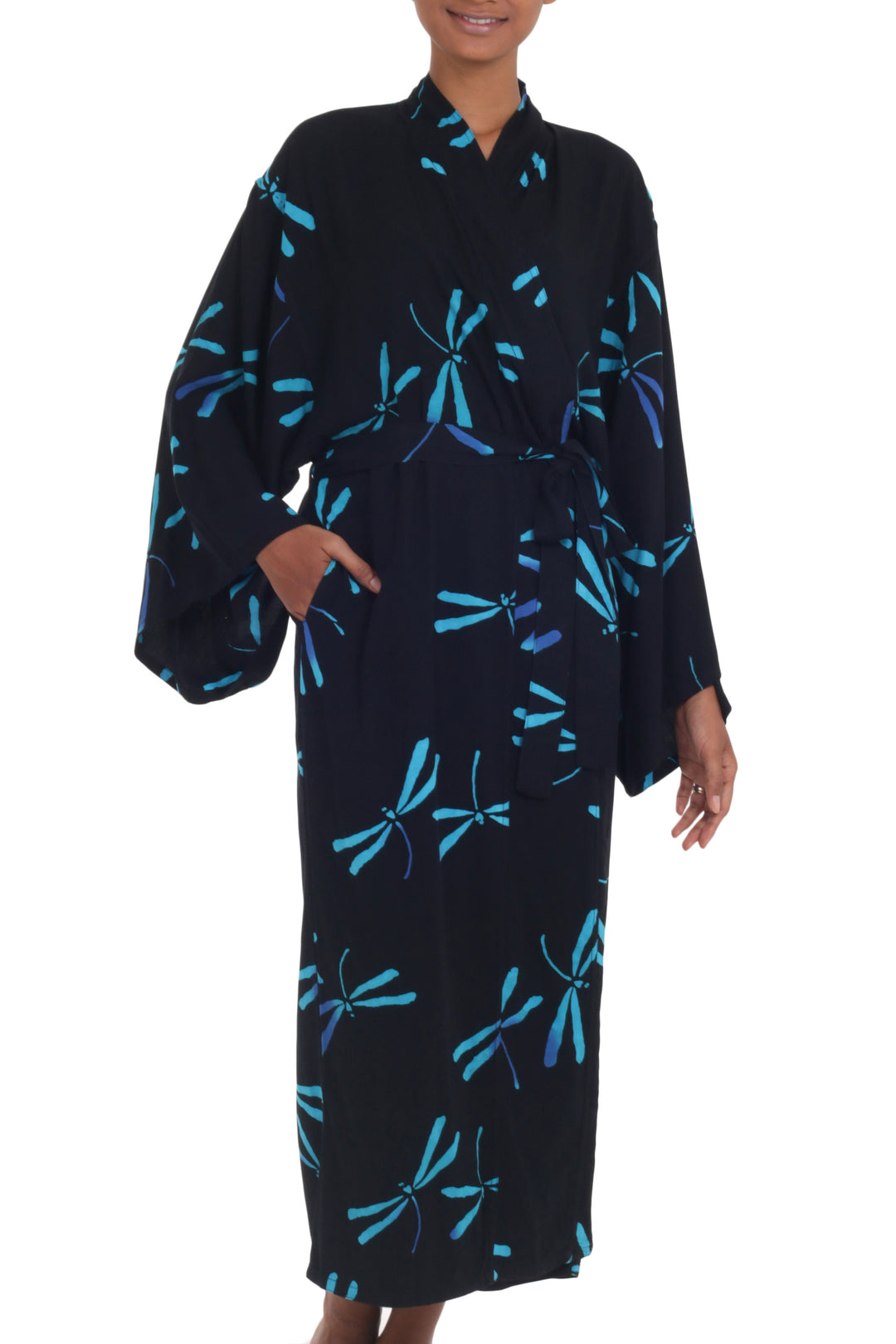 Handcrafted Black Batik Robe with Dragonflies from Bali - Night Dragonflies