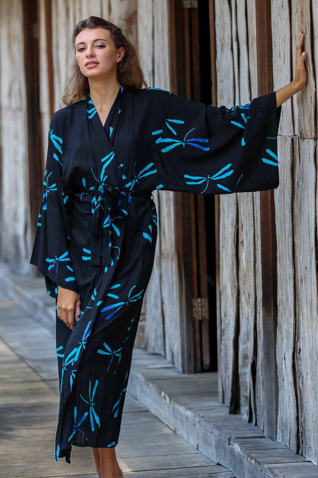 Handcrafted Black Batik Robe with Dragonflies from Bali - Night Dragonflies
