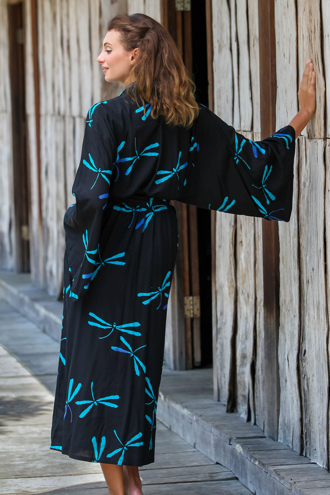 Handcrafted Black Batik Robe with Dragonflies from Bali - Night Dragonflies