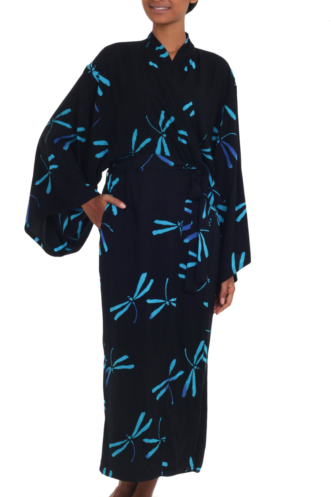 Handcrafted Black Batik Robe with Dragonflies from Bali - Night Dragonflies