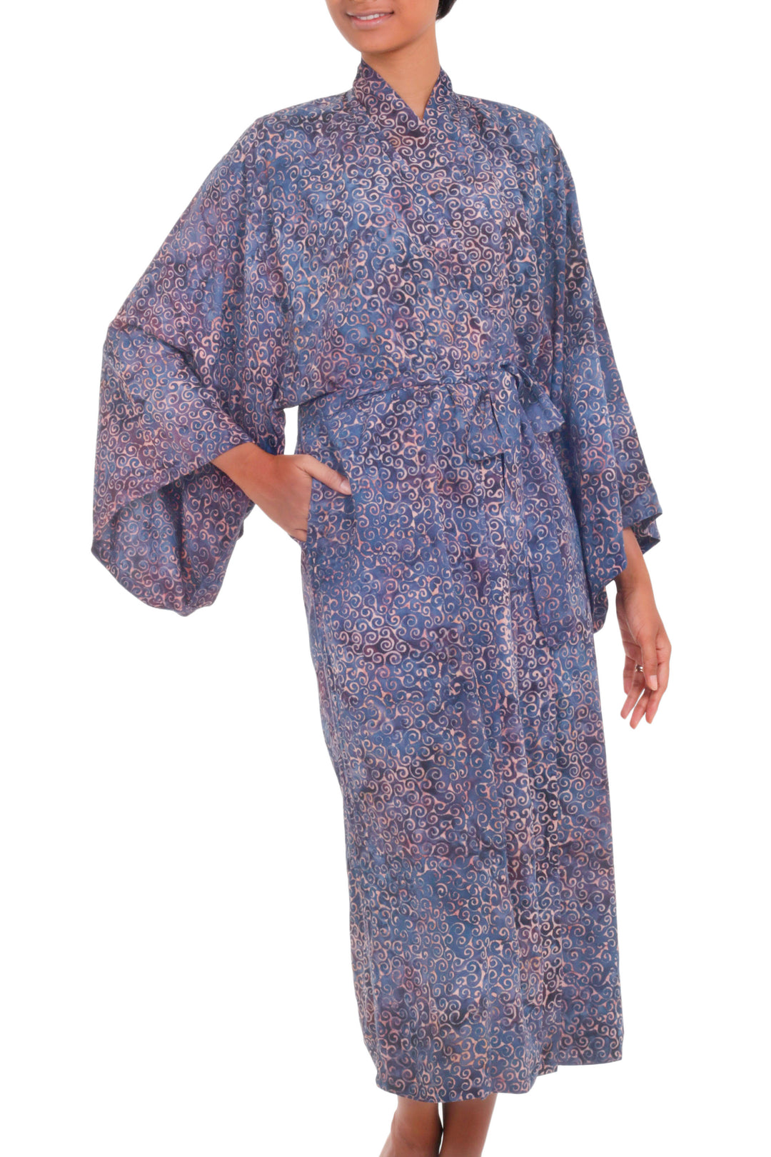 Handcrafted Blue & Peach Batik Rayon Robe from Indonesia - Bewildering Maze