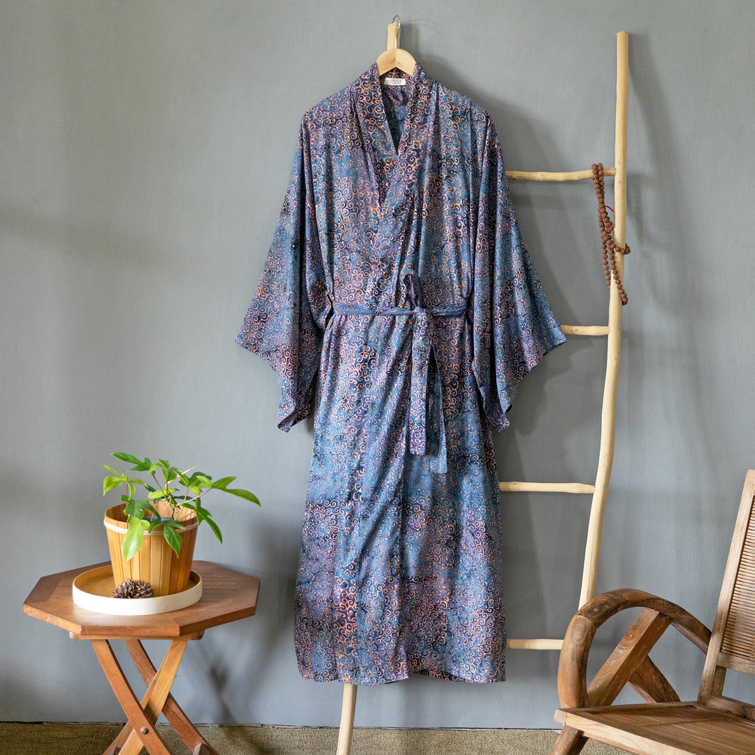 Handcrafted Blue & Peach Batik Rayon Robe from Indonesia - Bewildering Maze