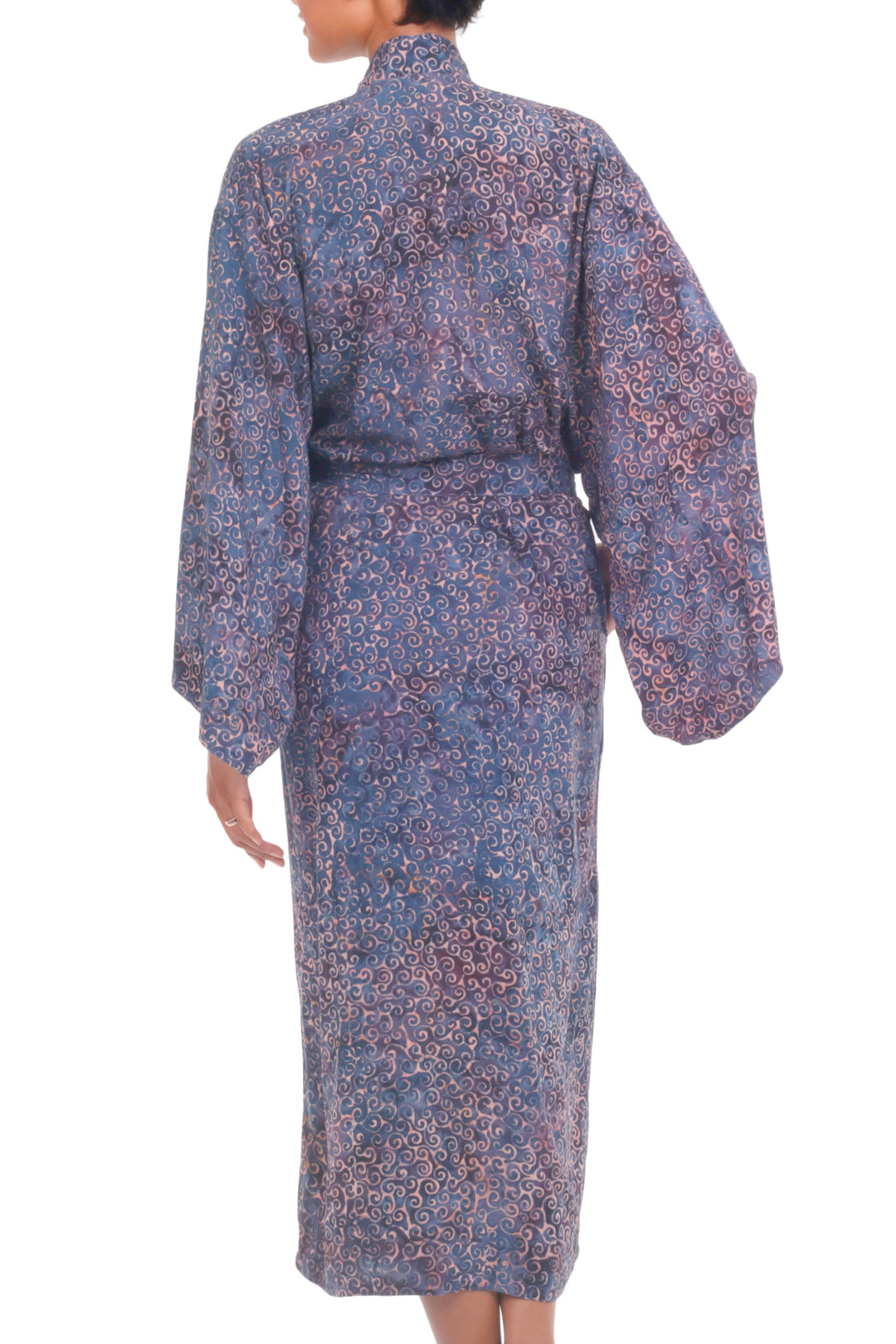 Handcrafted Blue & Peach Batik Rayon Robe from Indonesia - Bewildering Maze