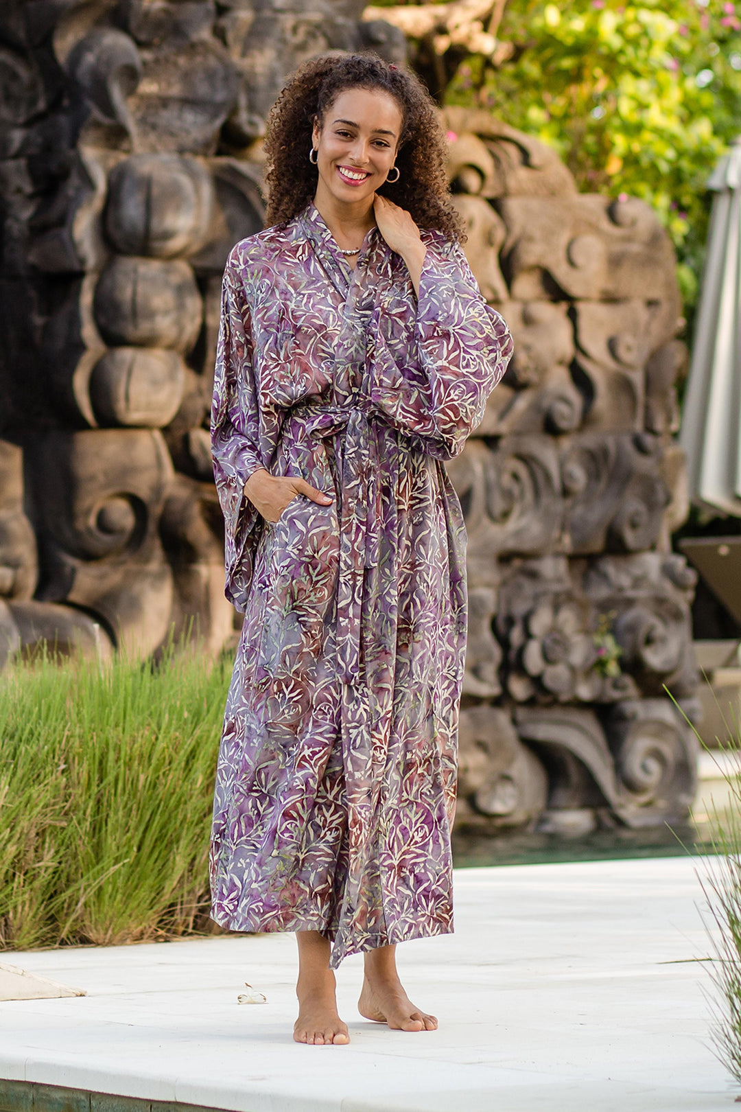 Sienna Purple Floral Batik on Rayon Long Robe from Indonesia - Floral Mansion