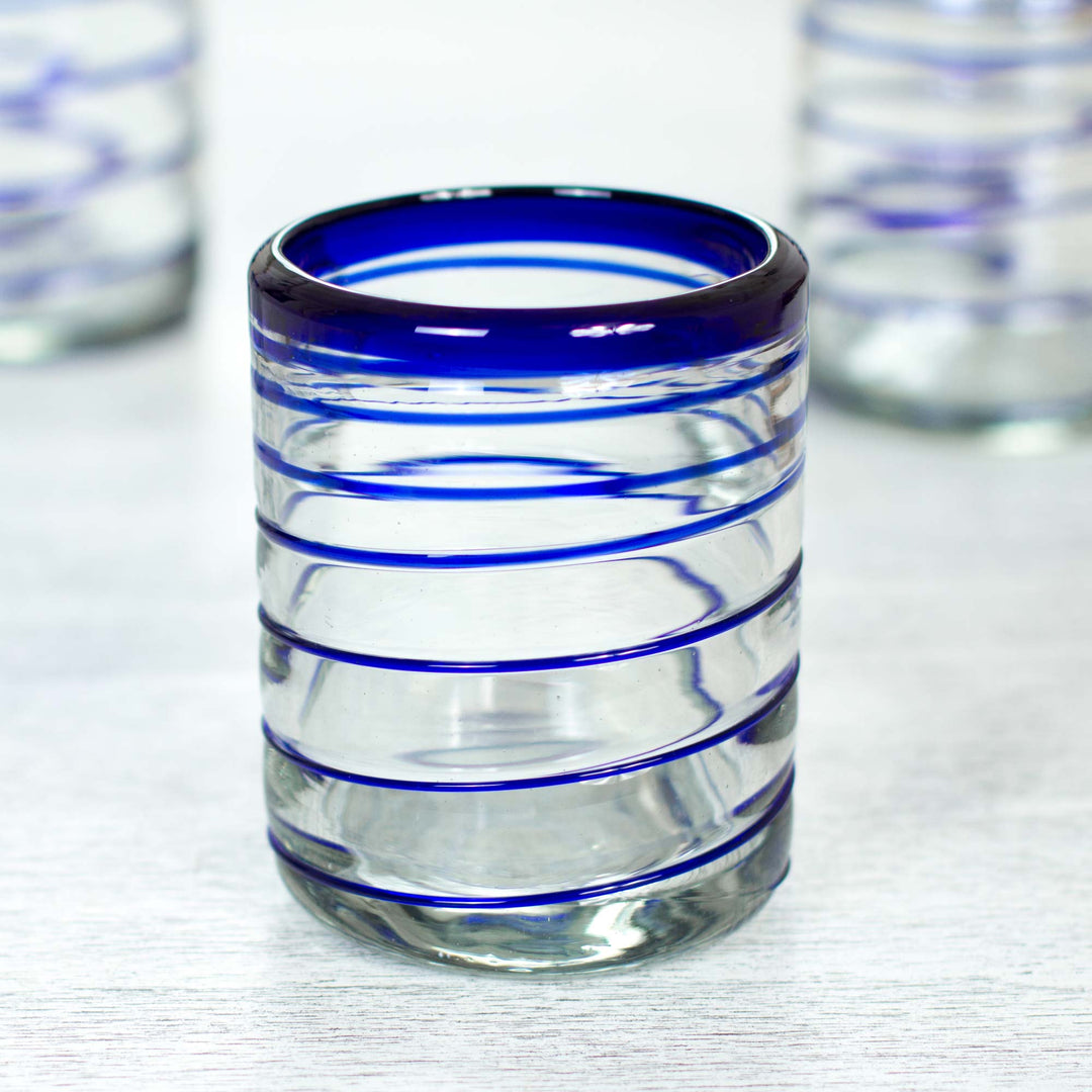 Set of Six Hand Blown Recycled Rocks Glasses - Cobalt Spiral