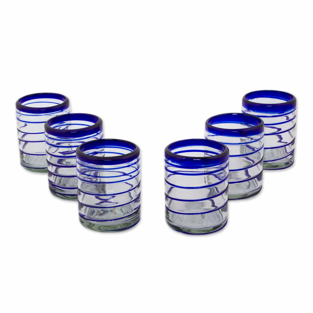 Set of Six Hand Blown Recycled Rocks Glasses - Cobalt Spiral