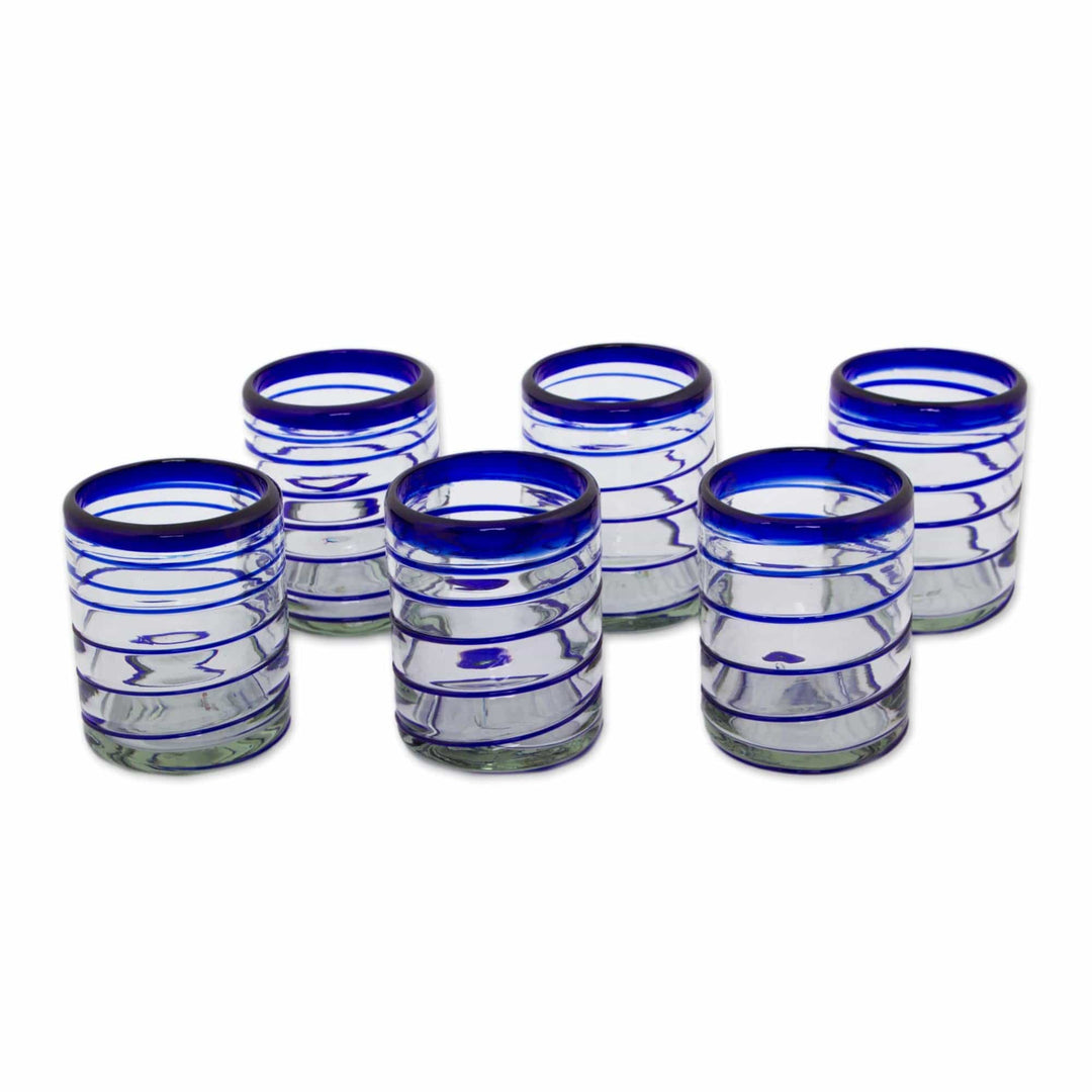 Set of Six Hand Blown Recycled Rocks Glasses - Cobalt Spiral