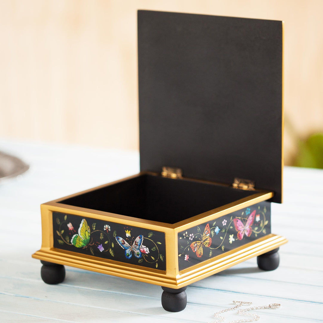 Black Reverse-Painted Glass Decorative Box with Butterflies - Midnight Garden