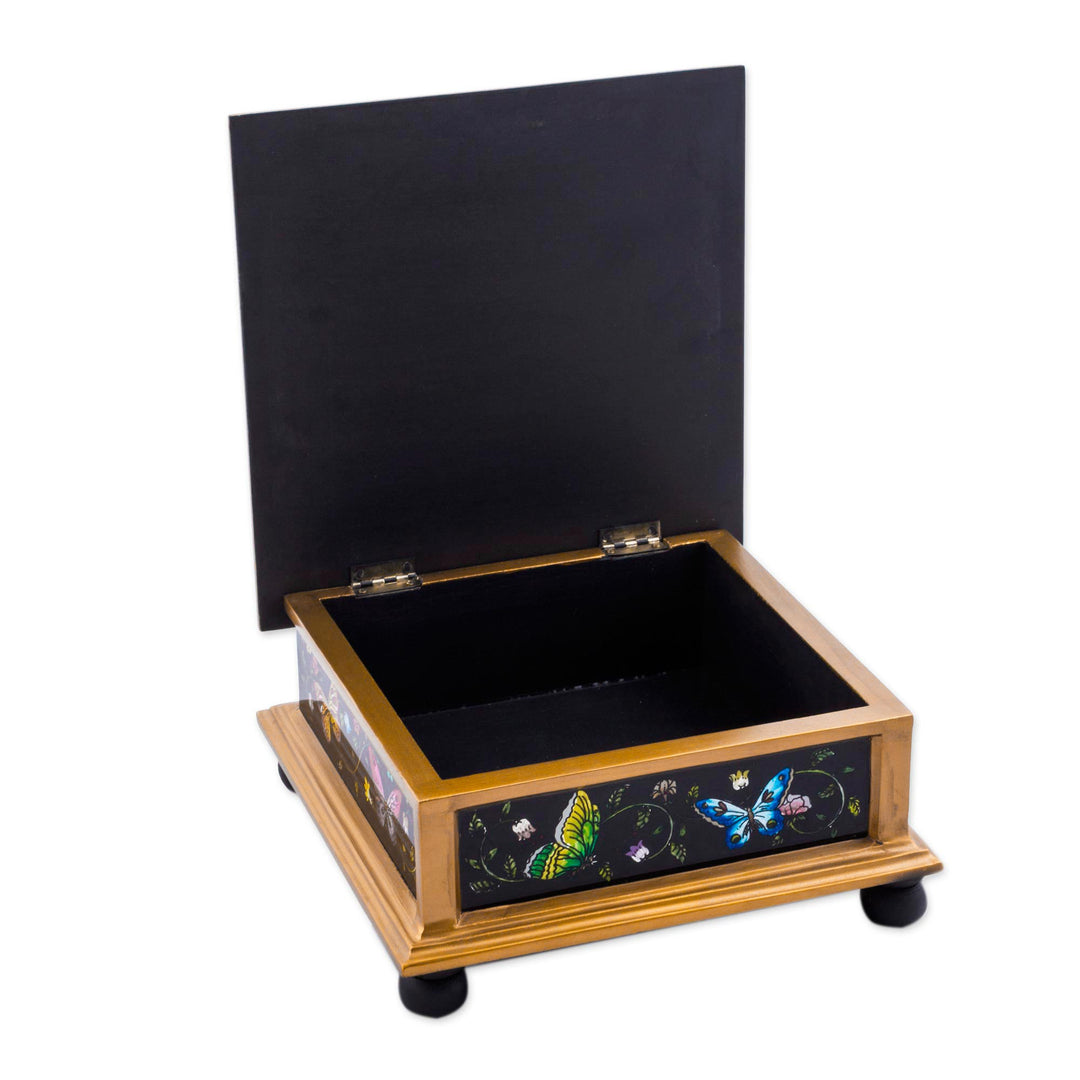Black Reverse-Painted Glass Decorative Box with Butterflies - Midnight Garden