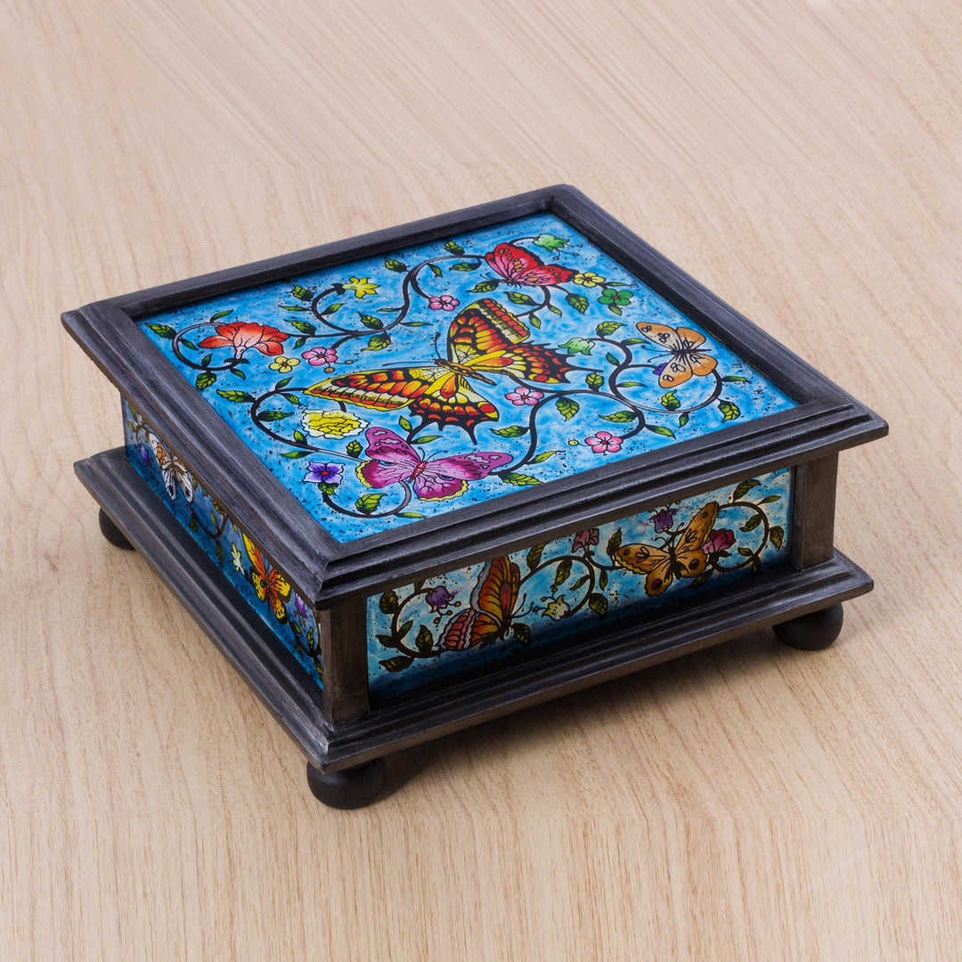 Reverse Painted Glass Blue Decorative Box with Butterflies - Blue Winter Butterflies