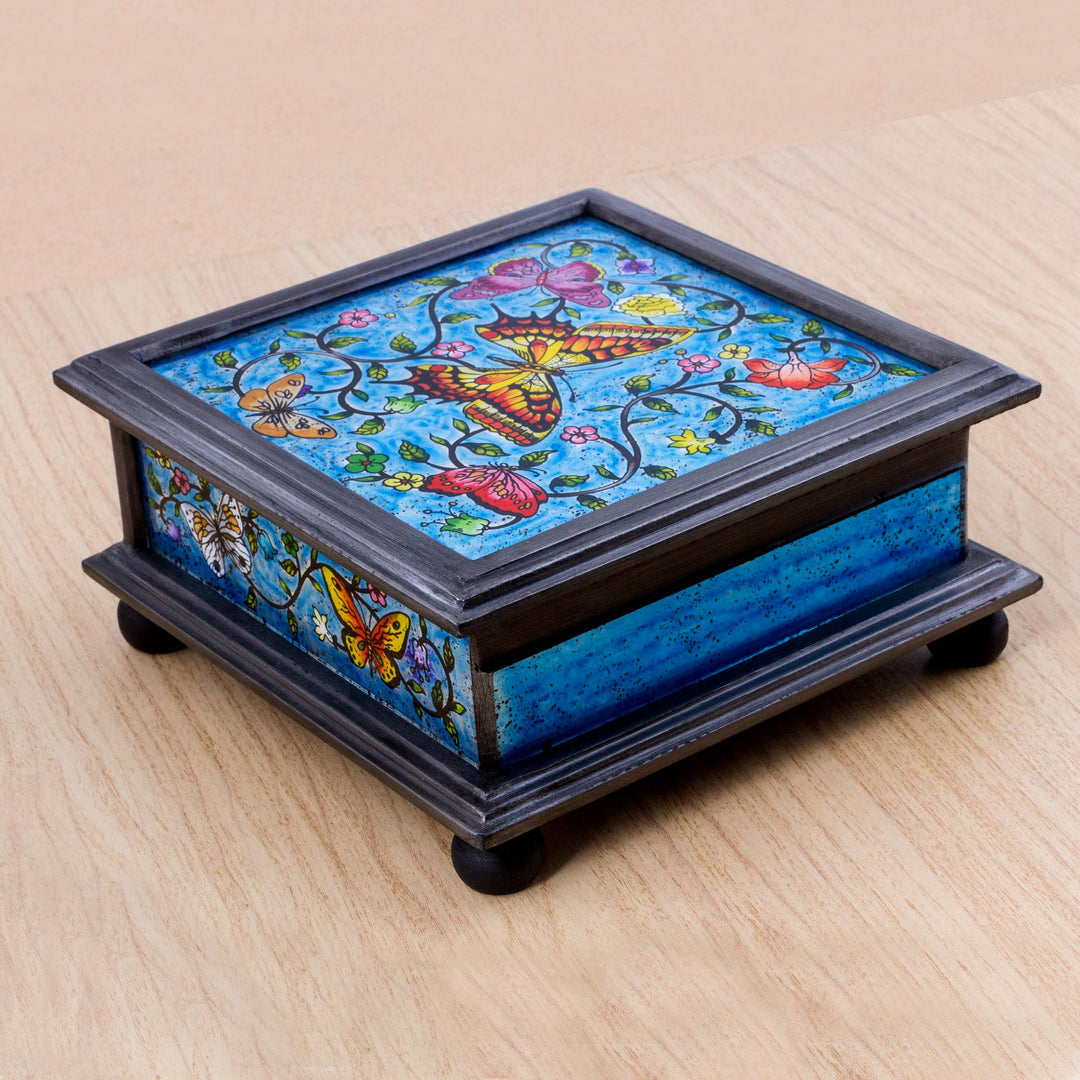 Reverse Painted Glass Blue Decorative Box with Butterflies - Blue Winter Butterflies