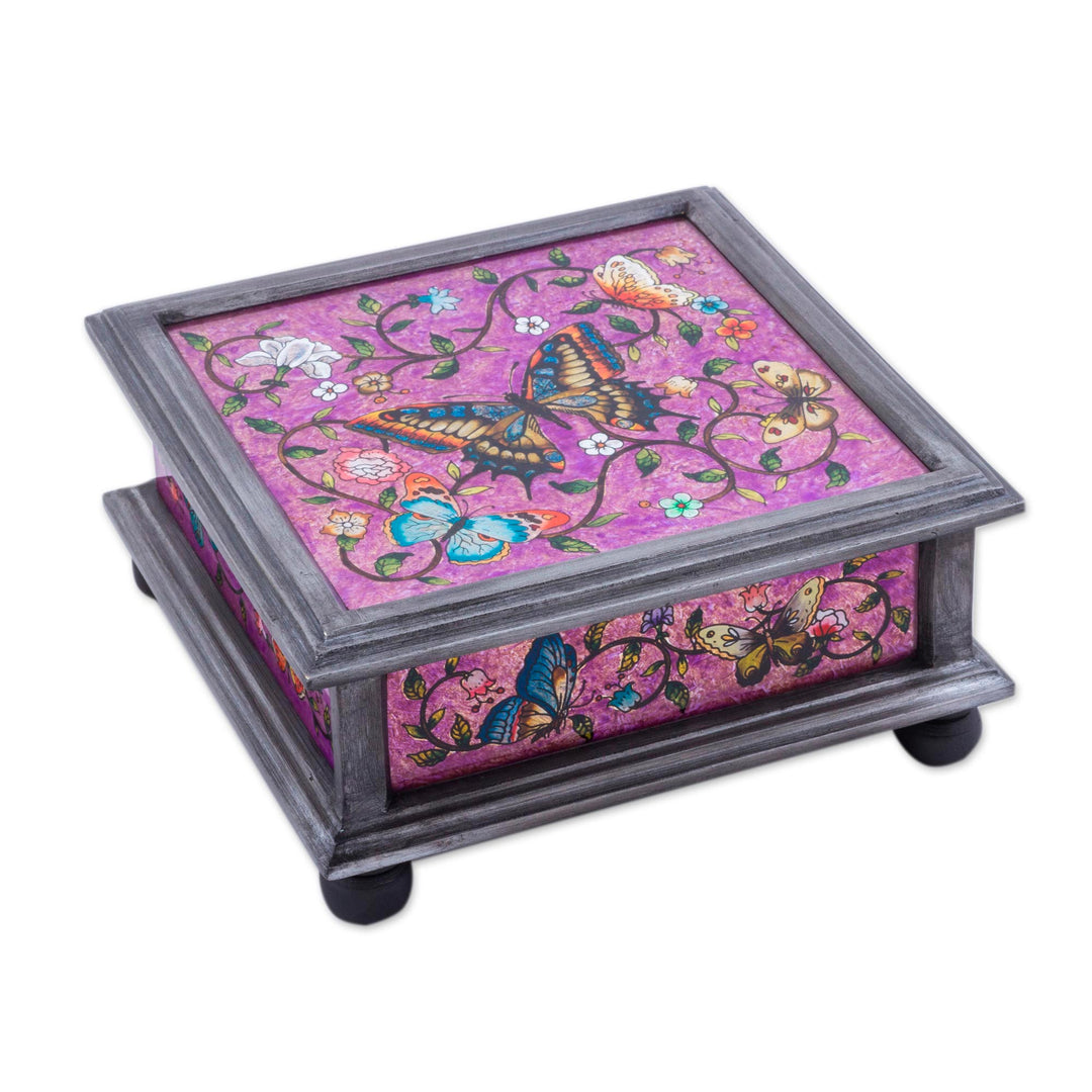 Reverse Painted Glass Decorative Box with Butterflies - Purple Winter Butterflies
