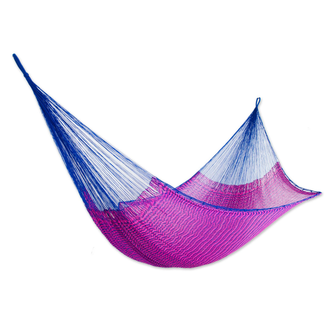 Hand Woven Pink and Blue Nylon Hammock from Mexico (Double) - Berry Blossom