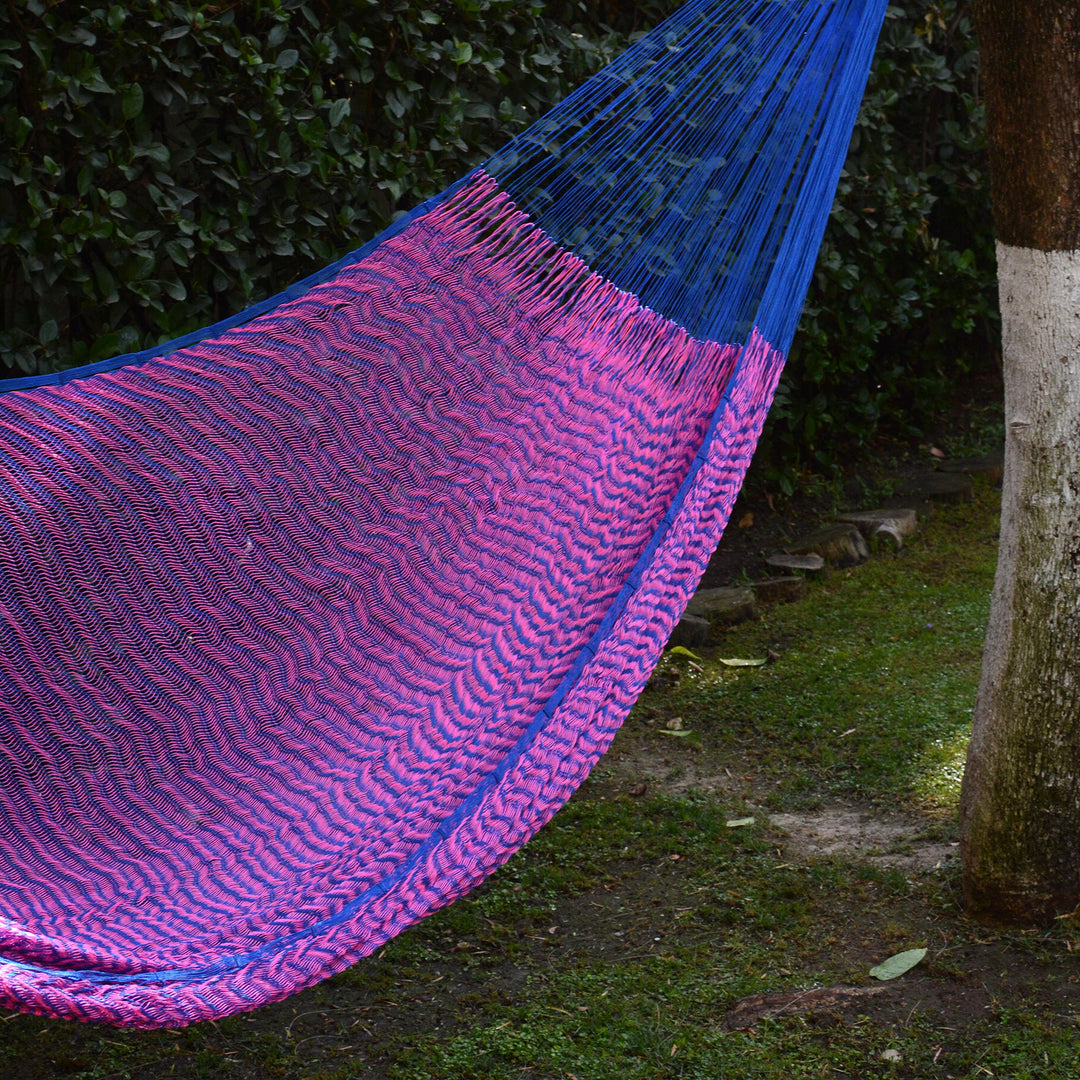 Hand Woven Pink and Blue Nylon Hammock from Mexico (Double) - Berry Blossom