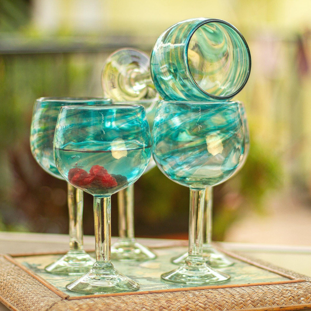 Set of 6 Recycled Hand Blown Aqua Wine Glasses from Mexico - Elegant Aqua Swirl