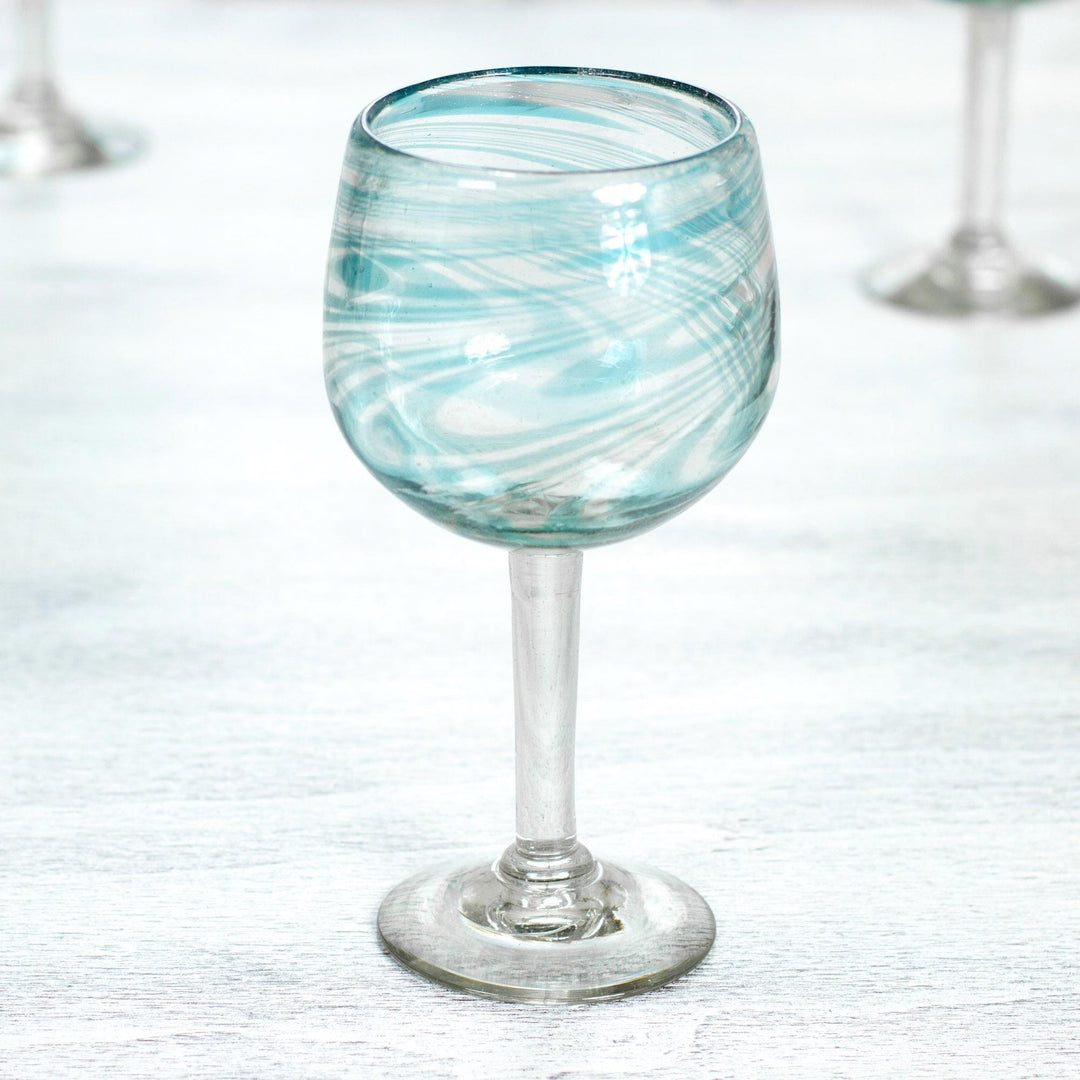 Set of 6 Recycled Hand Blown Aqua Wine Glasses from Mexico - Elegant Aqua Swirl