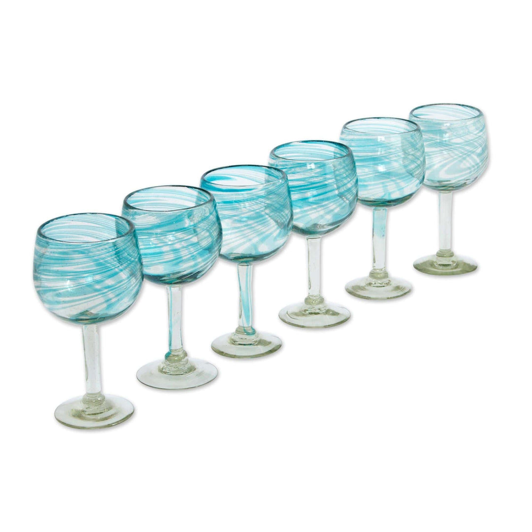 Set of 6 Recycled Hand Blown Aqua Wine Glasses from Mexico - Elegant Aqua Swirl