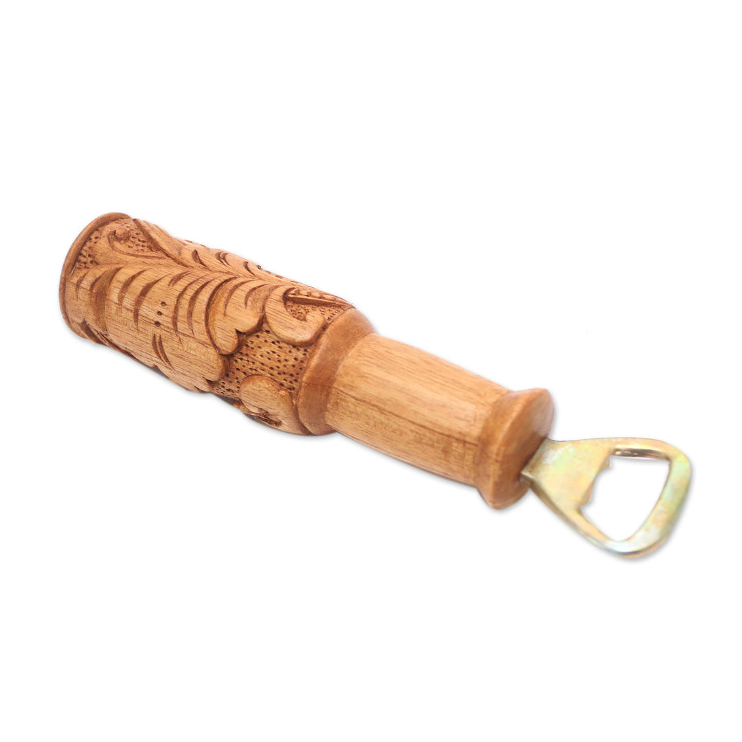Hand Carved Wood Bottle Opener with Leaf Motif from Bali - Bottles Up