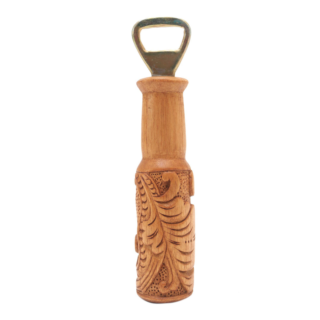 Hand Carved Wood Bottle Opener with Leaf Motif from Bali - Bottles Up
