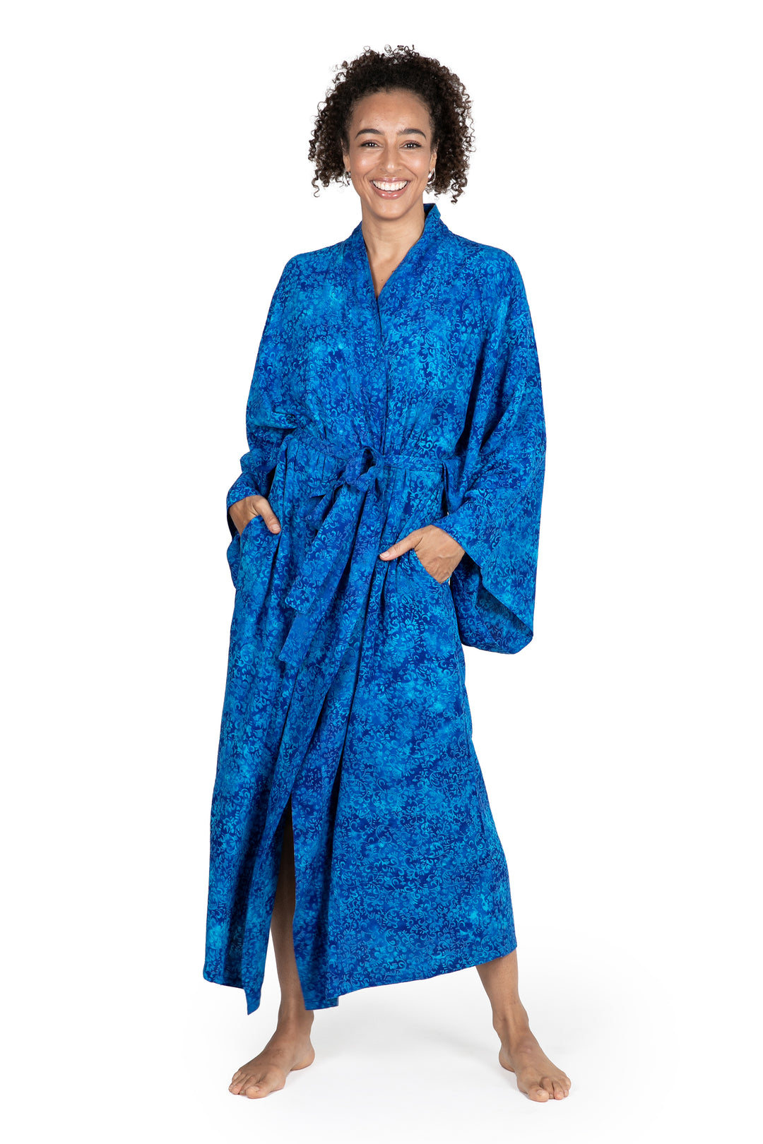 Long Handcrafted Batik and Tie Dyed Rayon Robe from Bali - Misty Ocean