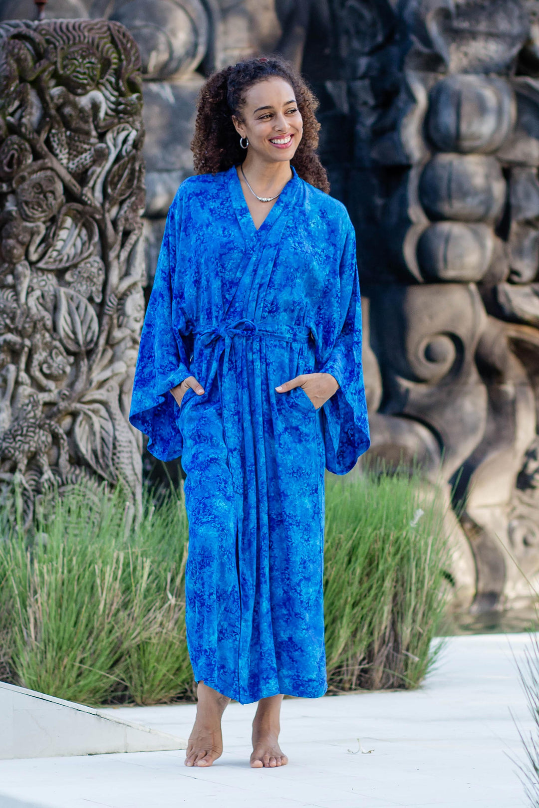 Long Handcrafted Batik and Tie Dyed Rayon Robe from Bali - Misty Ocean