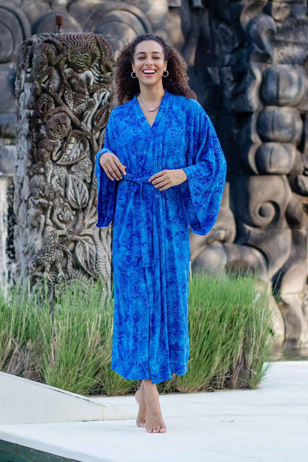 Long Handcrafted Batik and Tie Dyed Rayon Robe from Bali - Misty Ocean