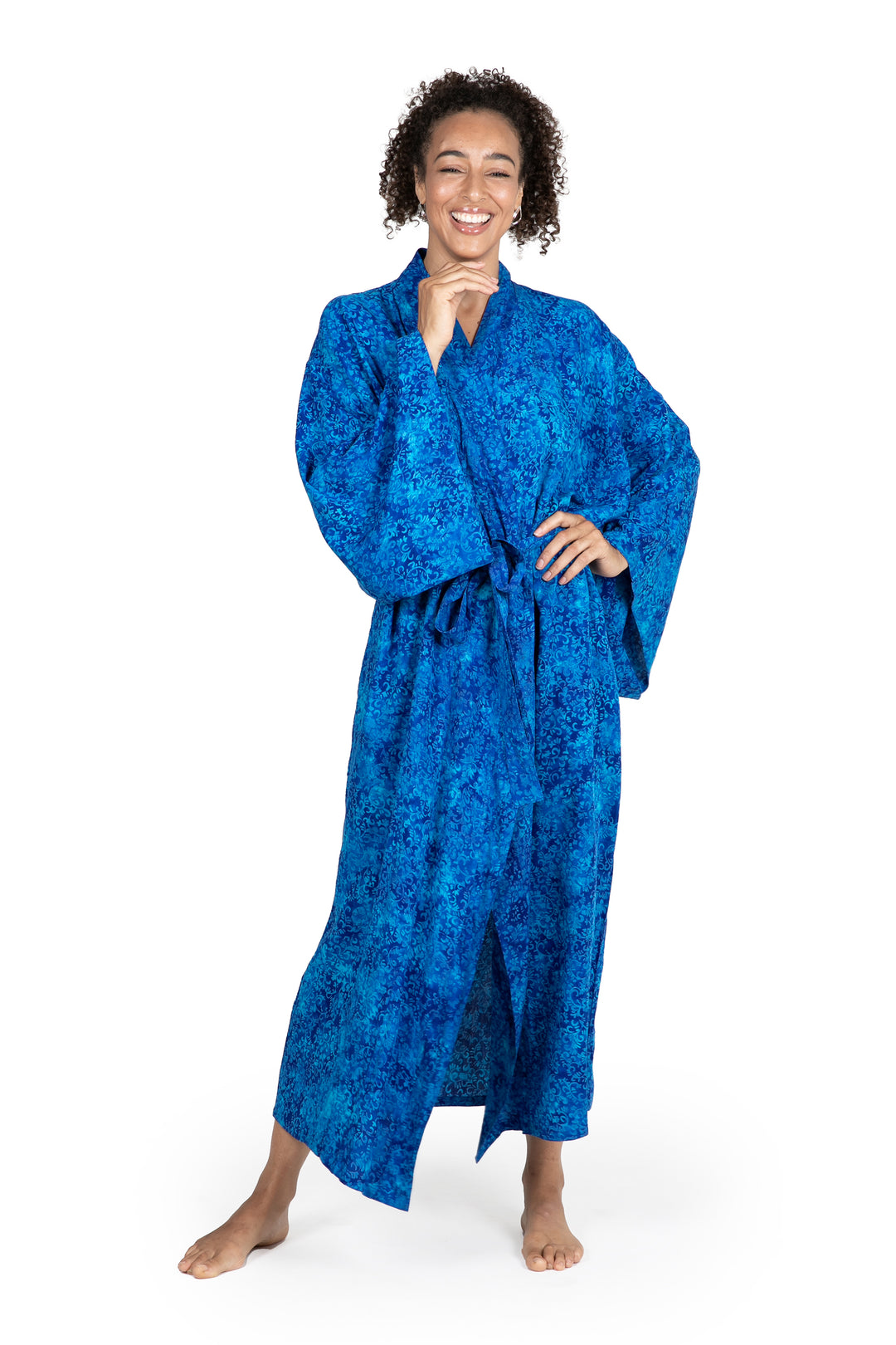 Long Handcrafted Batik and Tie Dyed Rayon Robe from Bali - Misty Ocean