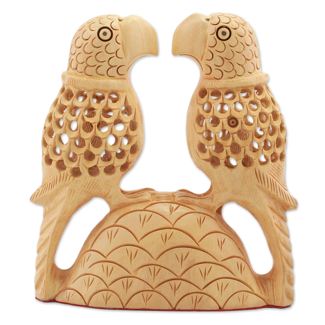 Hand Carved Wood Parrot Sculpture from India - Parrot Hearts