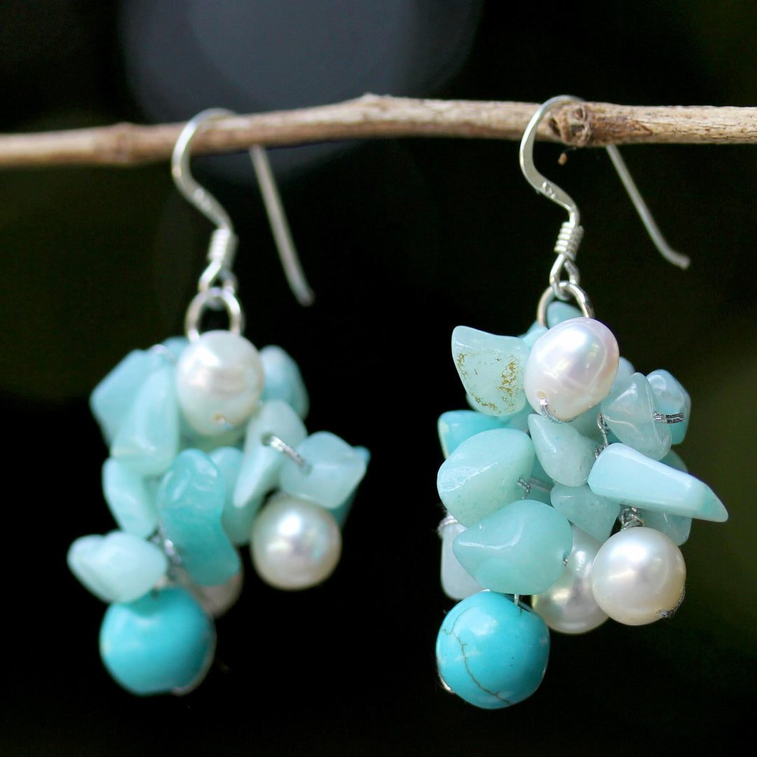 Beaded Cultured Pearl and Blue Quartz Earrings - Phuket Beach