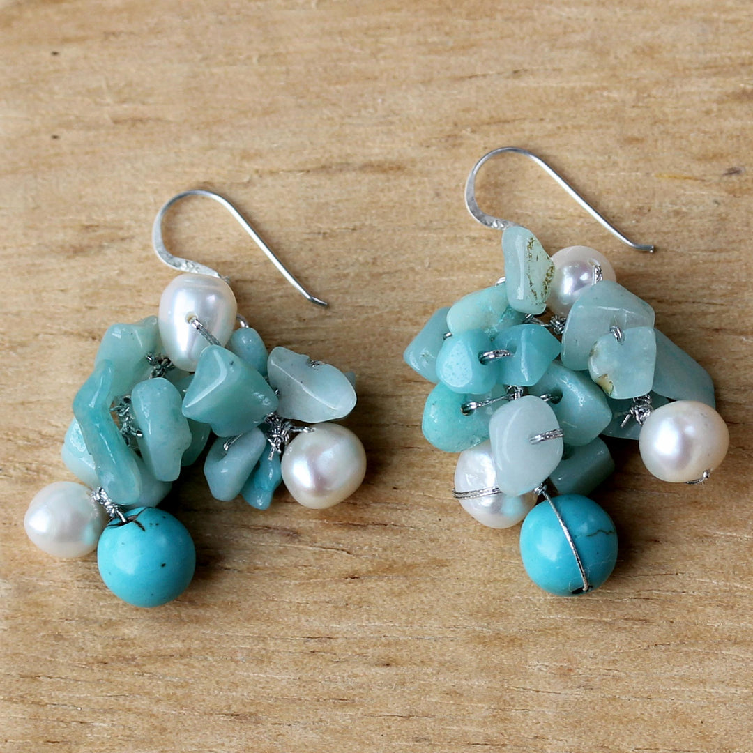 Beaded Cultured Pearl and Blue Quartz Earrings - Phuket Beach