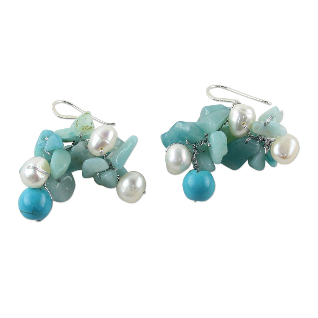 Beaded Cultured Pearl and Blue Quartz Earrings - Phuket Beach